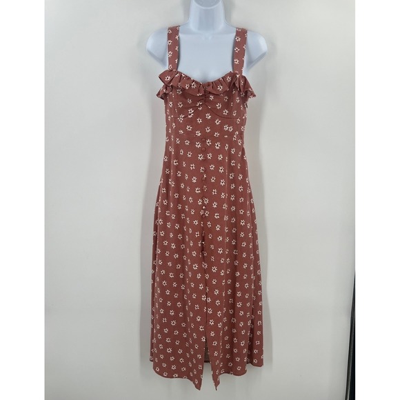 Zara Dresses & Skirts - Zara Pink Floral Linen Blend Midi Dress Small Ruffle Button Front Slit Boho